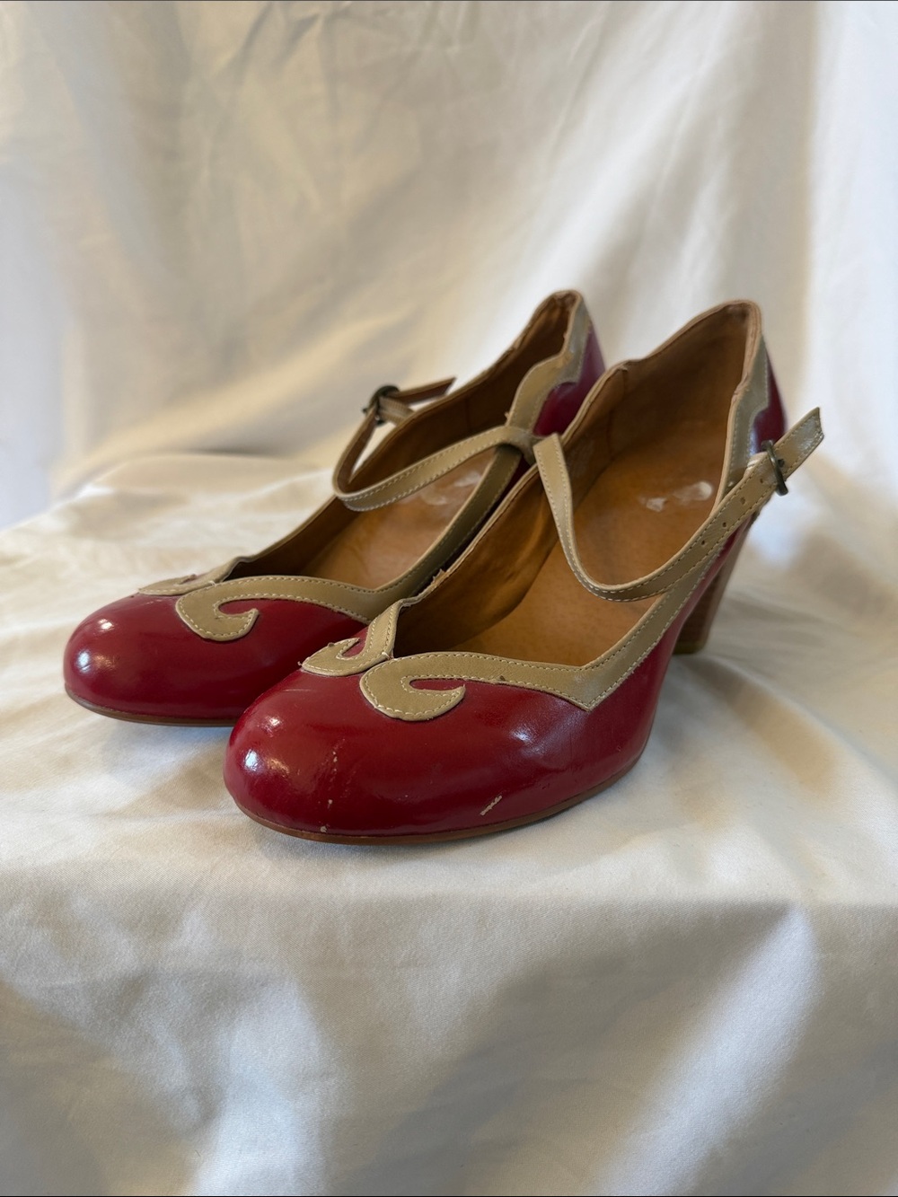 Wanted Red and Beige Mary Jane Block Heels